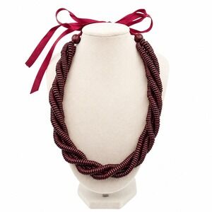 Tribal Boho 23" Burgundy Wood Bead Ribbon Tie Necklace Botanical Harvest